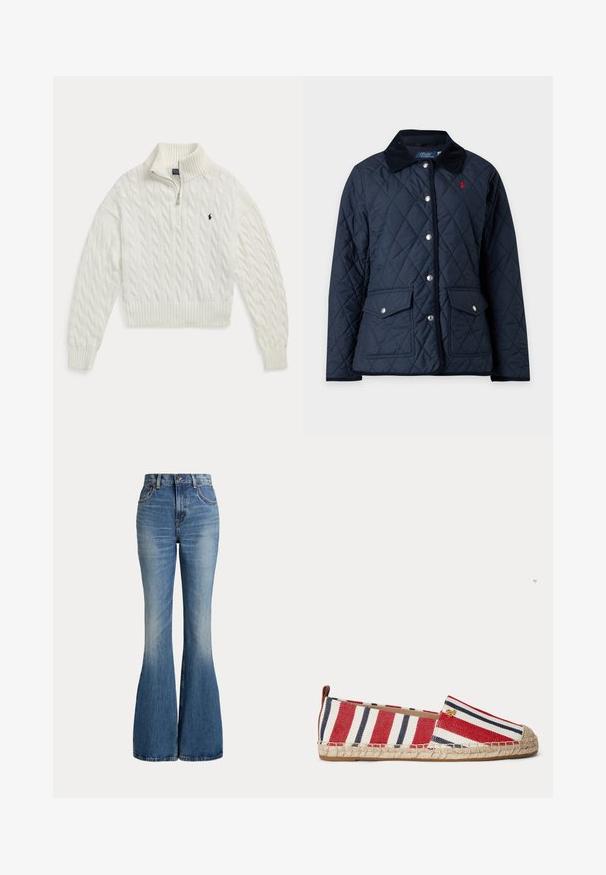 Mørkeblå quiltet jakke med sort krave, trykknaplukning foran, to klaplommer og rødt broderet logo på brystet.; Hvid kabelstrikket sweater med halv lynlås, ribkrave, manchetter og kant, med en lille mørk broderet hestelogo på brystet.; Højtaljede blå jeans i denim med klokkeformede ben og let falmet område foran på låret, vist mod hvid baggrund.; Flad espadrillesko med røde, hvide og marineblå striber, jutesål og lille gyldent logodetalje nær den øverste kant.