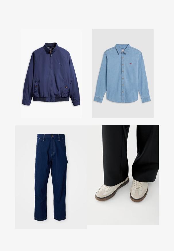 Marineblaue Jacke mit einem Reißverschluss vorne, Stehkragen und elastischen Bündchen. Verfügt über zwei seitliche Taschen mit Knopfverschluss und ein kariertes Futter.; Hellblaues Denim-Shirt mit langen Ärmeln, Knopfleiste und spitzem Kragen. Verfügt über braune Knöpfe und ein kleines rotes Logo-Patch.; Dunkelblaue gerade geschnittene Jeans-Arbeitshosen mit weißen Nähten, Gürtelschlaufen, Fronttaschen und einer seitlichen Utility-Schlaufe auf weißem Hintergrund.; Füße mit beigen Sneakers mit braunen Sohlen und schwarzen Hosen mit weitem Bein auf weißem Hintergrund.