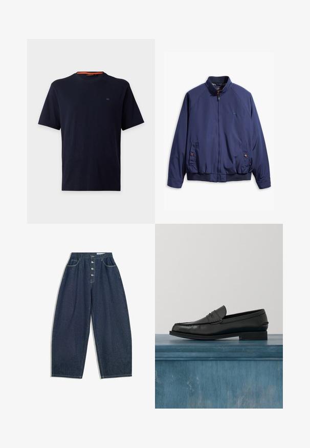 Marineblaue Jacke mit einem Reißverschluss vorne, Stehkragen und elastischen Bündchen. Verfügt über zwei seitliche Taschen mit Knopfverschluss und ein kariertes Futter.; Schlichtes dunkelmarineblaues T-Shirt mit kurzen Ärmeln und Rundhalsausschnitt, mit einem kleinen gestickten Logo auf der linken Brust und einem orangefarbenen Besatz am Innenkragen.; Dunkelblaue Denim-Hose mit weiter Beinform und hoher Taille, fünfknöpfigem Verschluss und fünf Taschen. Mit Steppnähten an den Nähten.; Schwarze Leder-Loafer mit schlankem Design, ausgestattet mit einer abgesteppten Zehe und einer glatten Oberfläche. Der Schuh verfügt über einen flachen Absatz und minimale Verzierungen.