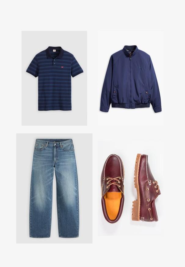 Marineblaue Jacke mit einem Reißverschluss vorne, Stehkragen und elastischen Bündchen. Verfügt über zwei seitliche Taschen mit Knopfverschluss und ein kariertes Futter.; Navyblaues Polohemd mit horizontalen Streifen, kurzen Ärmeln, Kragen und einer Drei-Knopf-Leiste. Es hat ein kleines Logo auf der Brust.; Blaue Denim-Jeans mit geradem Bein, Frontknopf und Reißverschluss sowie Fünf-Taschen-Design.; Bordeauxfarbene Lederschuhe mit braunen Gummisohlen, runder Zehenform, weißen Nähten und goldenen Ösen. Das Innenfutter weist eine gelbe Beschichtung auf.