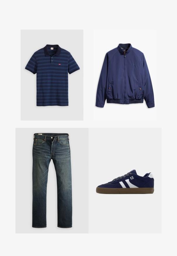 Marineblaue Jacke mit einem Reißverschluss vorne, Stehkragen und elastischen Bündchen. Verfügt über zwei seitliche Taschen mit Knopfverschluss und ein kariertes Futter.; Navyblaues Polohemd mit horizontalen Streifen, kurzen Ärmeln, Kragen und einer Drei-Knopf-Leiste. Es hat ein kleines Logo auf der Brust.; Dunkelblaue Denim-Jeans mit geradem Schnitt, fünf Taschen und Kupfennieten. Der Stoff hat ein leicht ausgewaschenes Finish, das Textur und Maserung zeigt.; Navyblaues Wildleder-Sneaker mit weißen Streifen, grauen Schnürsenkeln und einer strukturierten braunen Gummisohle. Verfügt über ein Logo an der Seite und einen gepolsterten Kragen.