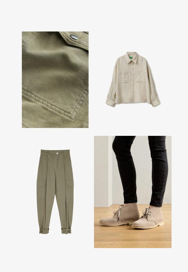 Tejido verde oliva con una textura de micro acanalado, que presenta un bolsillo puntiagudo y un detalle de costura sutil. Cierre a presión metálico visible.; Camisa beige de manga larga con botones, dos bolsillos en el pecho y cuello clásico, hecha de una tela ligera.; Pantalones cargo verde oliva hechos de tejido suave, con dos bolsillos frontales, diseño plisado y puños con cierres ajustables.; Botas de ante beige hasta el tobillo con punta redondeada, diseño de cordones y costuras en contraste, llevadas con pantalones negros ajustados sobre un suelo de madera.