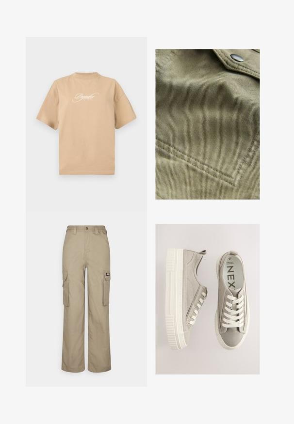 Olivengrønt stof med en fin ribbet struktur, der har en spids lomme og diskrete syninger. Metallisk trykknap synlig.; Beige bomulds t-shirt med korte ærmer, rund halsudskæring og hvid skråskrift på fronten, der står "Pegador Dreams Come True."; Beige cargo bukser lavet af slidstærkt stof, med en afslappet pasform, flere sidelommer og et elastisk liv med knaplukning.; Grå lærreds-sneakers med en tekstureret overflade, rundet tå, hvid gummisål og hvide snørebånd. Har en træklap ved hælen.