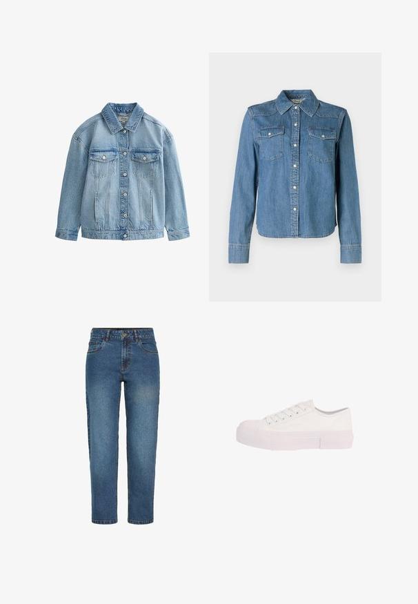 Lyseblå denimjakke med knaplukning, to brystlommer med klap og knapper samt en klassisk krave.; Denimskjorte med en lys blå nuance, klassisk krave og to brystlommer. Den har trykknapper og lange ærmer med knapmanchetter.; Blå højtaljede straight-leg denim jeans med frontknap og lynlås, to forlommer og bæltestropper.; Hvid lav sneaker med snørelukning foran og tyk gummisål, vist fra siden mod en hvid baggrund.