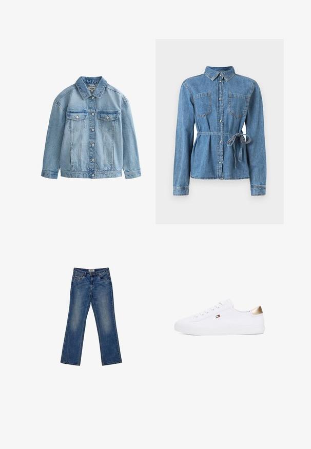 Lyseblå denimjakke med knaplukning, to brystlommer med klap og knapper samt en klassisk krave.; Lysblå denimskjorte med lange ærmer, knaplukning foran, to brystlommer og en bæltestrop i taljen for justerbar pasform.; Fadede blå denim bukser med lige ben-design, fem lommer og subtile slidmærker foran. Øverste knap- og lynlåslukning.; Hvide kanvas sneakers med rund tå, snørebånd fortil, og et gyldent detalje på hælen. Har et lille emblem på siden.