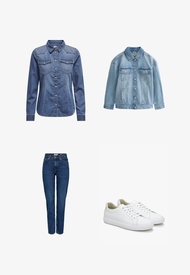 Lichtblauwe spijkerjack met knoopsluiting, twee borstflapzakken met knopen en een klassieke kraag.; Donkerblauw denim shirt met een kraag, lange mouwen, dubbele borstzakken en contrasterende stiksels.; Donkerblauwe spijkerbroek met rechte pijpen, hoge taille, vijf zakken, lichte stiksels en een subtiele textuur.; Witte leren sneakers met een gladde textuur, ronde neuzen en platte rubberen zolen. Voorzien van veters en een minimalistisch ontwerp zonder patronen.