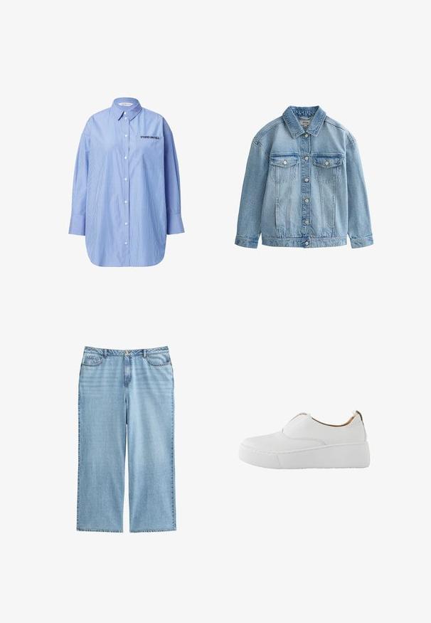 Hellblaue Jeansjacke mit Knopfverschluss, zwei Brustklappen mit Knöpfen und klassischem Kragen.; Gestreifte blaue Button-up-Bluse mit einer Tasche, die den Text "STUDIO UNTOLD" zeigt, klassischem Kragen und langen Ärmeln.; Helles blaues Denim-Culotte mit hoher Taille, weitem Bein und Fünf-Taschen-Design mit kontrastierenden Nähten und Knopfverschluss.; Weißer Slip-On-Sneaker mit dicker Plateausohle und abgerundeter Spitze, entworfen für den Freizeitgebrauch.
