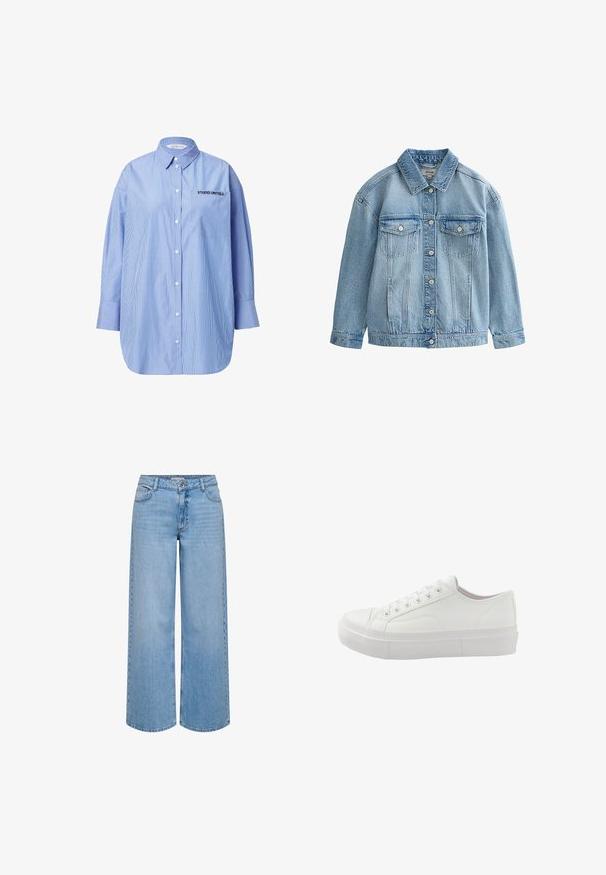 Chaqueta vaquera azul claro con cierre de botones, dos bolsillos en el pecho con solapa y botones, y un cuello clásico.; Camisa de botón a rayas azul con un bolsillo que presenta el texto "STUDIO UNTOLD", cuello clásico y mangas largas.; Vaqueros de mezclilla azul claro con pernera ancha, cierre delantero con botón y cremallera, presillas para cinturón y bolsillos delanteros.; Zapatilla blanca de corte bajo con cordones en la parte delantera, suela gruesa de goma y detalles mínimos de costura, mostrada desde el lado exterior.