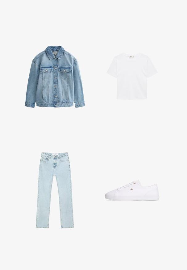 Veste en jean bleu clair avec fermeture à boutons, deux poches poitrine à rabat avec boutons, et un col classique.; T-shirt blanc uni à manches courtes, col rond, coupe régulière, sans motifs ni logos visibles.; Jean droit bleu clair en denim. Comprend des poches avant, une fermeture éclair avec un bouton, et des coutures visibles le long des coutures.; Baskets blanches basses avec fermeture à lacets, petit logo drapeau rouge, blanc et noir sur le côté, et semelle plate en caoutchouc.