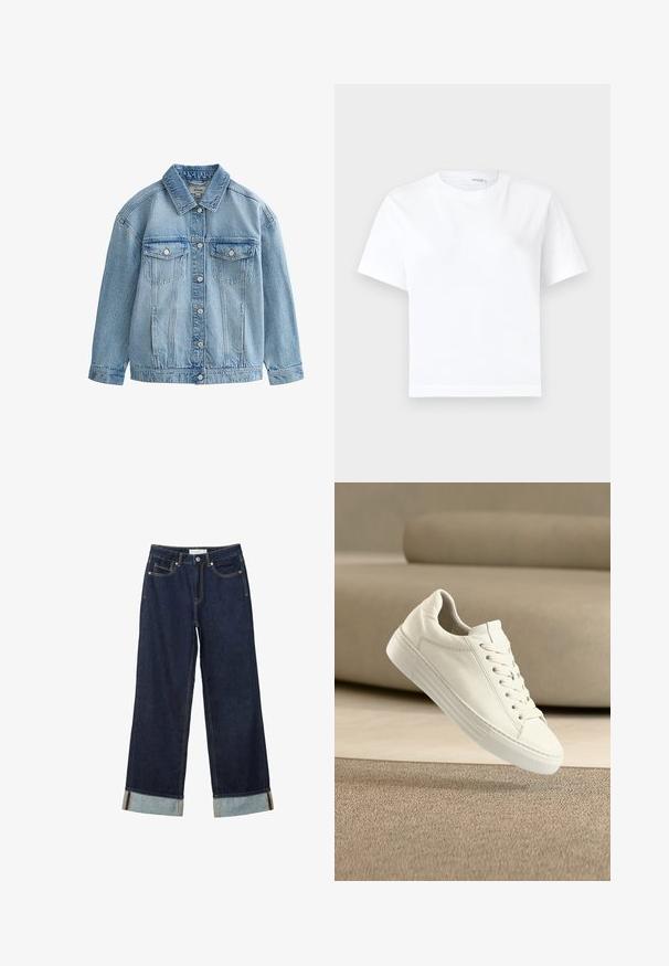 Hellblaue Jeansjacke mit Knopfverschluss, zwei Brustklappen mit Knöpfen und klassischem Kragen.; Einfaches weißes kurzärmeliges Baumwoll-T-Shirt mit rundem Ausschnitt und geradem Saum, dargestellt auf weißem Hintergrund.; Dunkelblaue, weit geschnittene Jeans mit hoher Taille, ausgestattet mit aufgerollten Säumen, Kontrastnähten und einem Fünf-Taschen-Design. Hergestellt aus Denim-Stoff.; Weißer Ledersneaker mit klassischem Design, Schnürverschluss, flacher Gummisohle und strukturierten Akzenten. Sauberes, minimalistisches Erscheinungsbild.