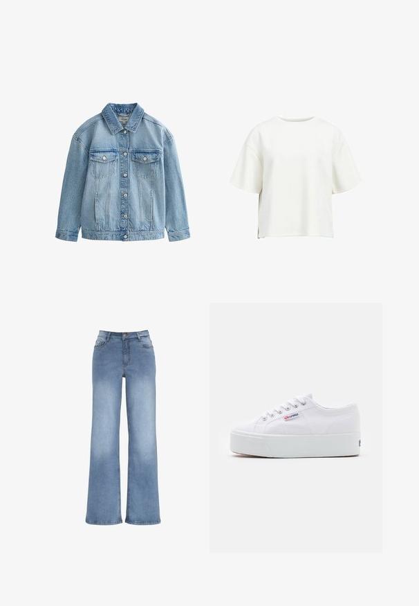 Hellblaue Jeansjacke mit Knopfverschluss, zwei Brustklappen mit Knöpfen und klassischem Kragen.; Weißes, kurzes T-Shirt aus weichem Stoff, mit rundem Halsausschnitt, kurzen weiten Ärmeln und Seitenschlitzen für Bewegungsfreiheit.; Hellblaue weit geschnittene Jeans aus Denim. Verfügt über einen Knopfverschluss, fünf Taschen und Akzente durch Sticherei. Glatte Textur mit leichter Ausbleichung.; Weiße Leinenschuhe mit einer dicken weißen Plattformsohle, runder Zehenpartie und Metallösen für die Schnürsenkel. Markenlogo an der Seite angebracht.