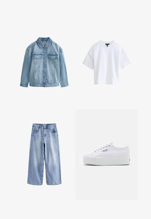 Lyseblå denimjakke med knaplukning, to brystlommer med klap og knapper samt en klassisk krave.; Simpel hvid kortærmet crop top med rund halsudskæring og sort mærke indeni kraven.; Lyseblå vidde jeans med frontknapper og lynlås, bæltestropper og fem-lomme design, lagt fladt på hvid baggrund.; Hvide canvas sneakers med en tyk hvid platformssål, rund tå og metaløjelets til snørebånd. Mærkets logo præsenteret på siden.