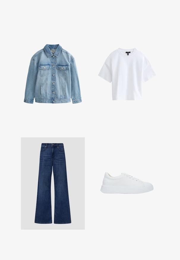 Veste en jean bleu clair avec fermeture à boutons, deux poches poitrine à rabat avec boutons, et un col classique.; T-shirt court blanc uni à manches courtes avec un col rond et une étiquette de marque noire à l'intérieur du col.; Jean en denim bleu foncé à jambes larges avec poches avant et arrière, passants de ceinture et fermeture par bouton et zip.; Baskets blanches en cuir avec un bout rond, des lacets plats et une semelle en caoutchouc épaisse. Texture lisse avec des détails de couture minimes.