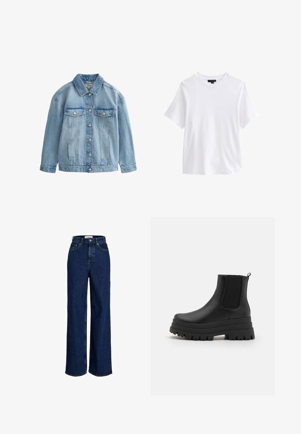 Veste en jean bleu clair avec fermeture à boutons, deux poches poitrine à rabat avec boutons, et un col classique.; T-shirt blanc uni à manches courtes et col rond avec une étiquette noire à l'intérieur du col sur fond blanc.; Jean large taille haute bleu foncé avec poches avant, passants pour ceinture, fermeture par bouton et détails de coutures visibles.; Bottes Chelsea noires avec une semelle épaisse, tige en cuir lisse, panneaux latéraux élastiques et une languette pour un enfilage facile.