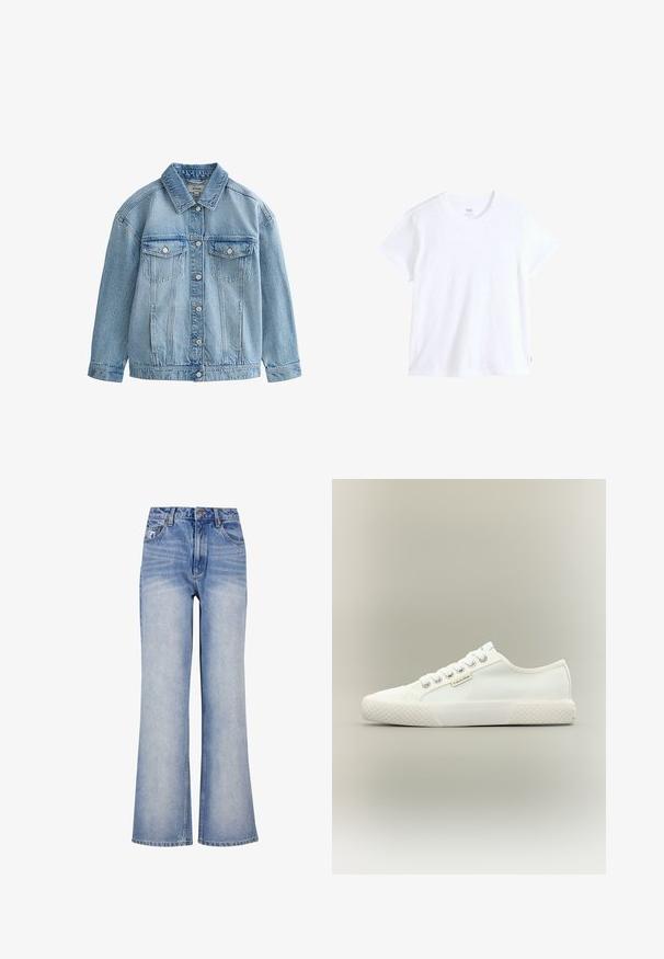Chaqueta vaquera azul claro con cierre de botones, dos bolsillos en el pecho con solapa y botones, y un cuello clásico.; Camiseta blanca de algodón con mangas cortas, escote redondo y bajo recto. Presenta una pequeña etiqueta con logo rojo en el lado inferior izquierdo.; Jeans de mezclilla de un azul claro, de pierna ancha, con cintura alta, cierre de botón, un ligero desvanecimiento y un diseño clásico de cinco bolsillos.; Zapatilla blanca de lona de corte bajo con suela de goma texturizada, cordones blancos y pequeña etiqueta de Calvin Klein en el lateral.