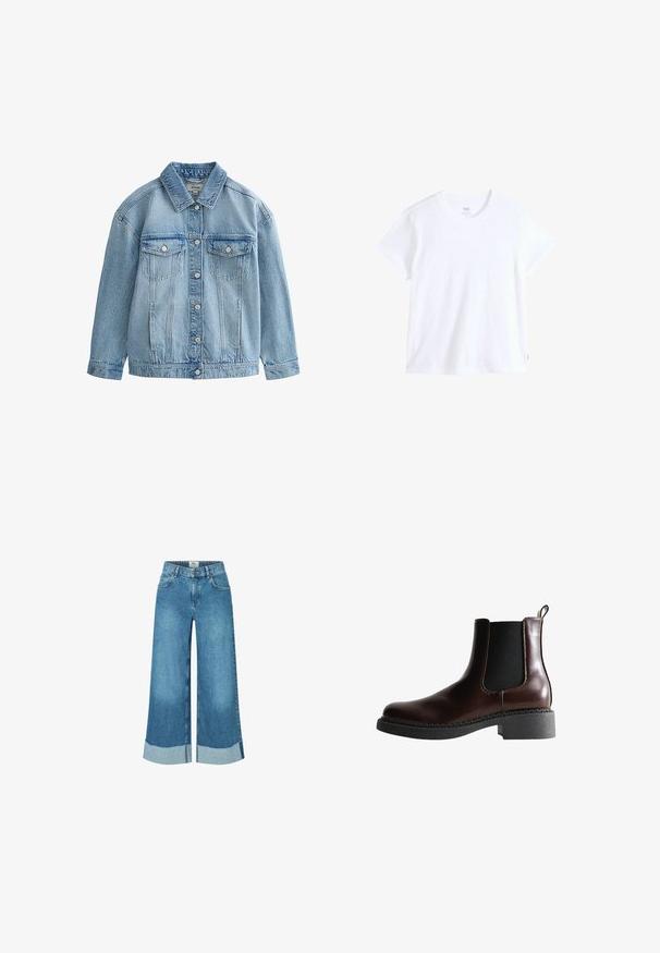 Hellblaue Jeansjacke mit Knopfverschluss, zwei Brustklappen mit Knöpfen und klassischem Kragen.; Weißes Baumwoll-T-Shirt mit kurzen Ärmeln, rundem Ausschnitt und geradem Saum. Mit kleinem rotem Logostreifen an der unteren linken Seite.; Weite Denim-Jeans in Hellblau mit rohem Saum und ausgefransten Manschetten. Klassisches Fünf-Taschen-Design mit einem Frontknopfverschluss.; Braune Leder-Boots mit elastischen Seitenteilen, runder Spitze und einer strukturierten schwarzen Gummisohle. Verfügt über kontrastierende Nähte und eine Ziehlasche.