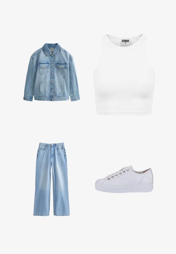 Chaqueta vaquera azul claro con cierre de botones, dos bolsillos en el pecho con solapa y botones, y un cuello clásico.; Top corto de tirantes blanco acanalado con cuello alto y etiqueta "Urban Classics XS" en el interior del cuello.; Vaqueros de pierna ancha de color azul claro, confeccionados en denim. Presentan una cintura alta, dos bolsillos frontales y un ligero desvanecimiento. Tiro limpio y diseño estructurado.; Zapatillas de cuero blanco con una textura suave, punta redonda y suela blanca elevada. Presentan ojales plateados y cordones planos.