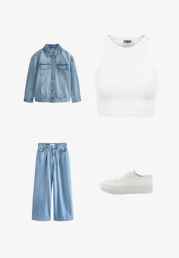 Lyseblå denimjakke med knaplukning, to brystlommer med klap og knapper samt en klassisk krave.; Hvid ribbet cropped tanktop med høj halsudskæring og "Urban Classics XS" label inde i kraven.; Lyseblå denim palazzo jeans med brede ben, der har høj talje, frontlommer og knaplukning. Diskret falmet tekstur.; Lavtop hvid sneaker med snørebånd foran, tyk gummisål og minimale syningsdetaljer, vist fra ydersiden.