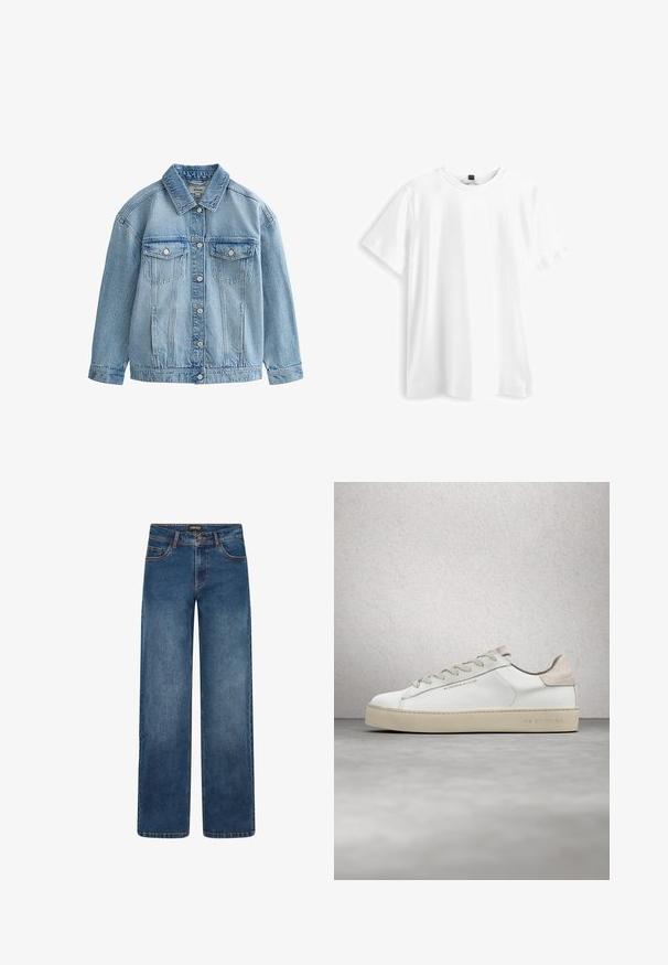 Chaqueta vaquera azul claro con cierre de botones, dos bolsillos en el pecho con solapa y botones, y un cuello clásico.; Camiseta de algodón blanca con mangas cortas, cuello redondo y un corte ligeramente holgado. Diseño liso, sin patrones ni detalles adicionales.; Vaqueros de pierna ancha en lavado azul medio. Cuentan con cinco bolsillos, cierre de botón y cremallera, y costuras doblemente reforzadas. Tejido duradero.; Zapatilla de deporte blanca de cuero con un acabado suave, acentos de gamuza beige, punta redonda, diseño plano con cordones y suela de goma texturizada.