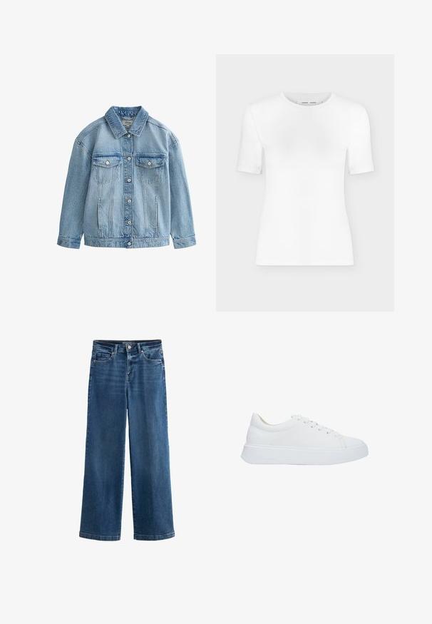Hellblaue Jeansjacke mit Knopfverschluss, zwei Brustklappen mit Knöpfen und klassischem Kragen.; Weißes T-Shirt mit kurzen Ärmeln und Rundhalsausschnitt, schlanker Passform und gerippter Stoffstruktur, dargestellt vor einem schlichten hellgrauen Hintergrund.; Blaue weit geschnittene Jeans aus Denim mit hoher Taille, fünf Taschen, subtilen Abnutzungserscheinungen, Knopfverschluss und kontrastierenden Nähten.; Weiße Leder-Sneaker mit runder Zehenpartie, flachen Schnürsenkeln und einer dicken Gummisohle. Glatte Oberfläche mit minimalen Nähdetails.