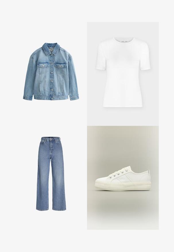 Lyseblå denimjakke med knaplukning, to brystlommer med klap og knapper samt en klassisk krave.; Hvid T-shirt med rund hals, korte ærmer, slank pasform og ribbet stofstruktur, vist på en ensfarvet lys grå baggrund.; Højtaljede lyseblå cowboybukser med vide ben, foran knap- og lynlåslukning samt fem-lomme-design.; Hvid lavtop sneaker med tyk ribbet sål, snørelukning foran og trækflap på hælen mod en neutral baggrund.