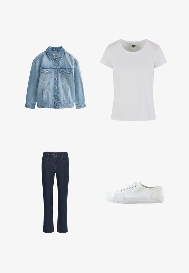 Lyseblå denimjakke med knaplukning, to brystlommer med klap og knapper samt en klassisk krave.; Hvid, kortærmet t-shirt lavet af bomuld. Har en rund halsudskæring og en tætsiddende form. Lappen læser "URBAN CLASSICS."; Mørkeblå lige ben denim jeans med forlommer, bæltesløjfer og knaplukning.; Hvid lavtop lærredsneaker med hvide snørebånd og gummisål, vist fra siden på en hvid baggrund.