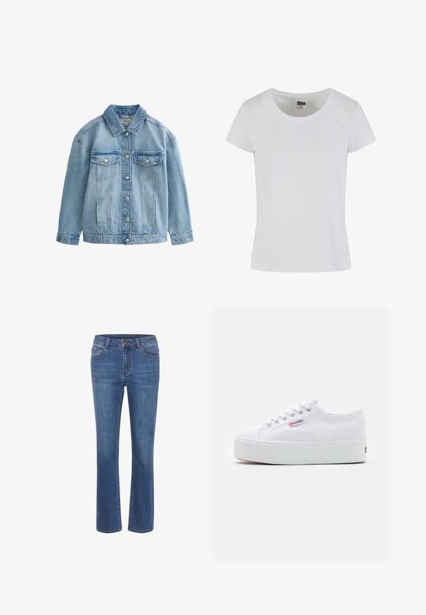 Lyseblå denimjakke med knaplukning, to brystlommer med klap og knapper samt en klassisk krave.; Hvid, kortærmet t-shirt lavet af bomuld. Har en rund halsudskæring og en tætsiddende form. Lappen læser "URBAN CLASSICS."; Blå denimjeans med lige ben, tætsiddende talje, bæltesløjfer, fem lommer og en lille brun knap i taljen.; Hvide canvas sneakers med en tyk hvid platformssål, rund tå og metaløjelets til snørebånd. Mærkets logo præsenteret på siden.