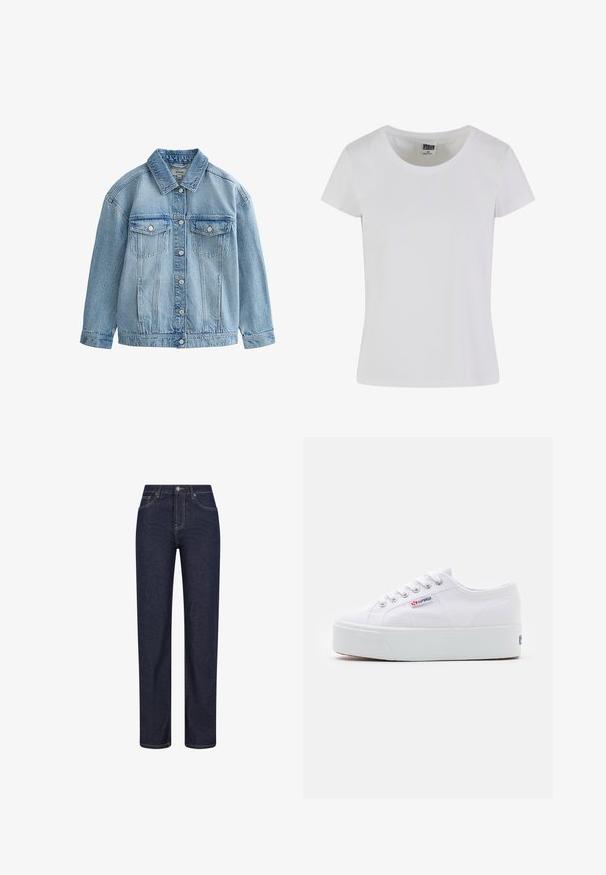 Lichtblauwe spijkerjack met knoopsluiting, twee borstflapzakken met knopen en een klassieke kraag.; Witte, korte mouwen t-shirt gemaakt van katoen. Heeft een ronde hals en een slim-fit vorm. Etiket zegt "URBAN CLASSICS."; Donkerblauwe jeans met rechte pijpen, voorzakken, riemlussen en een knoopsluiting in de taille.; Witte canvas sneaker met een dikke witte platformzool, ronde neus en metalen oogjes voor veters. Merkl logo aan de zijkant weergegeven.