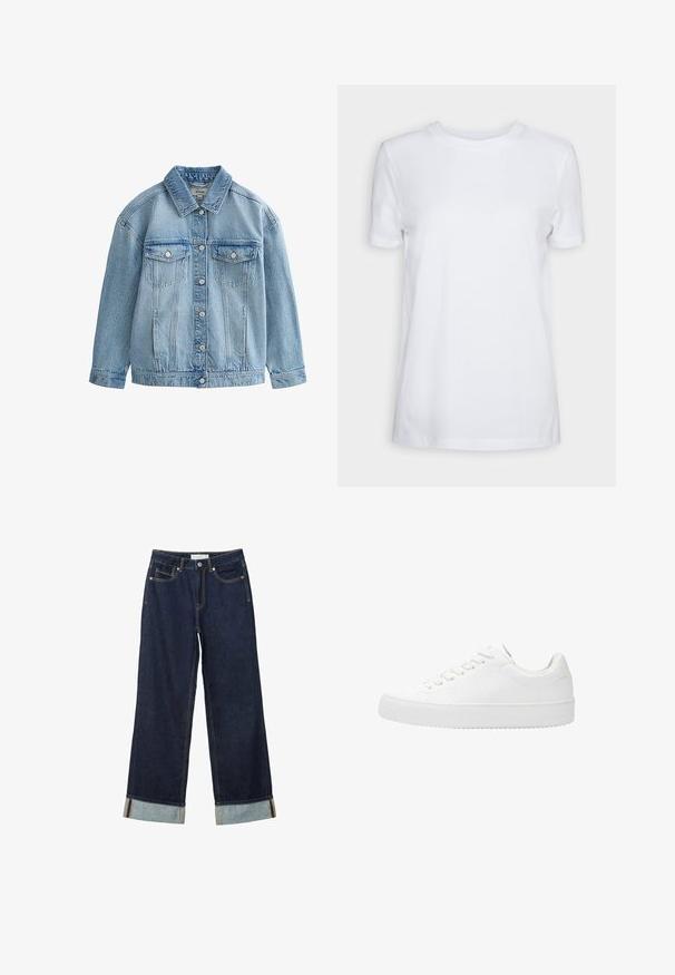 Hellblaue Jeansjacke mit Knopfverschluss, zwei Brustklappen mit Knöpfen und klassischem Kragen.; Schlichtes weißes T-Shirt mit kurzen Ärmeln und Rundhalsausschnitt, normaler Passform und einem kleinen Innenhalsetikett mit der Aufschrift „SELECTED FEMME.“; Dunkelblaue, weit geschnittene Jeans mit hoher Taille, ausgestattet mit aufgerollten Säumen, Kontrastnähten und einem Fünf-Taschen-Design. Hergestellt aus Denim-Stoff.; Weiße Schnürsneaker mit oberer Schicht aus glattem Leder, runder Zehenpartie und flacher Gummisohle. Minimales Design mit einem einfarbigen Farbschema.