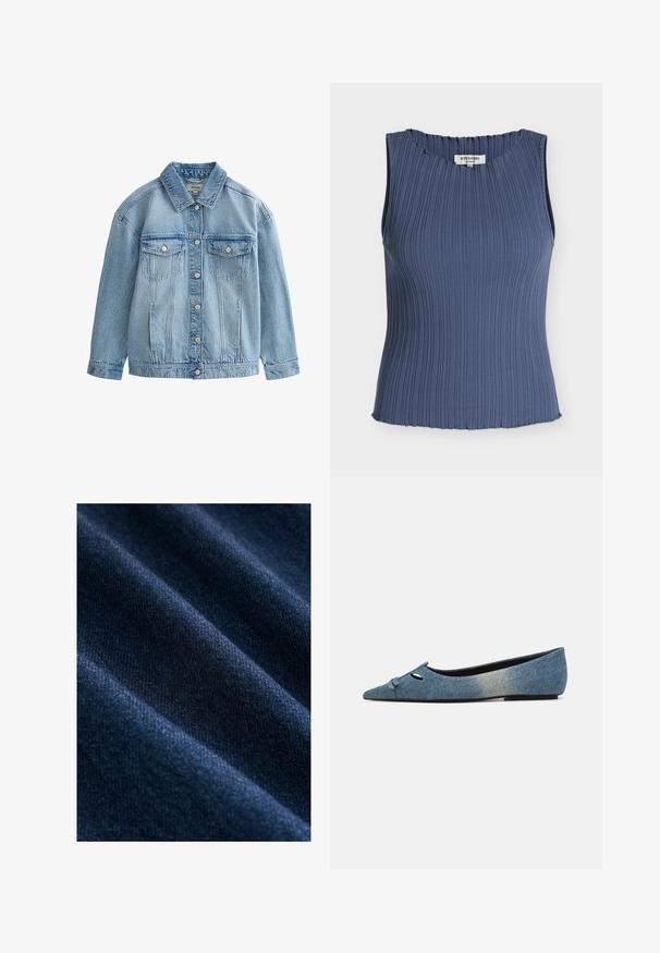 Lyseblå denimjakke med knaplukning, to brystlommer med klap og knapper samt en klassisk krave.; Ærmeløs ribstrikket top i støvet blå med rund halsudskæring og subtile bølgekantede kanter på krave og kant.; Mørkeblå denimstof med en glat tekstur, der har synlige diagonale vævemønstre og subtile variationer i farve og glans.; Denim balletflade med spids tå, dekorativ sløjfe og sorte detaljer. Blødt, tekstureret stof i en lys til mørk blå gradient. Flad sål.