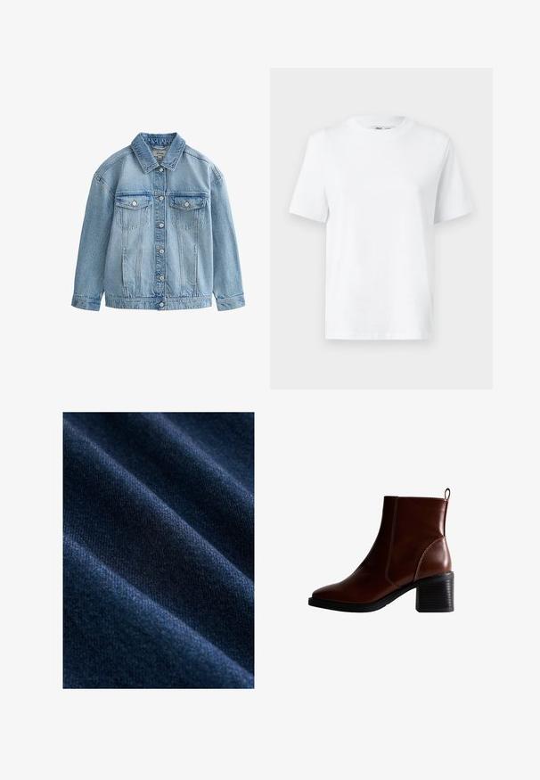 Hellblaue Jeansjacke mit Knopfverschluss, zwei Brustklappen mit Knöpfen und klassischem Kragen.; Weißes Baumwoll-T-Shirt mit Rundhalsausschnitt, kurzärmlig und mit glatter Textur. Entworfen mit einer lockeren Passform für Komfort und Vielseitigkeit.; Dunkelblauer Jeansstoff mit einer glatten Textur, der sichtbare diagonale Webmuster sowie subtile Farb- und Glanzvariationen aufweist.; Braune Leder-Ankle-Boots mit quadratförmiger Spitze und seitlicher Naht, einem 7,5 cm hohen Blockabsatz und einem Ziehhilfen an der Rückseite für einfaches An- und Ausziehen.