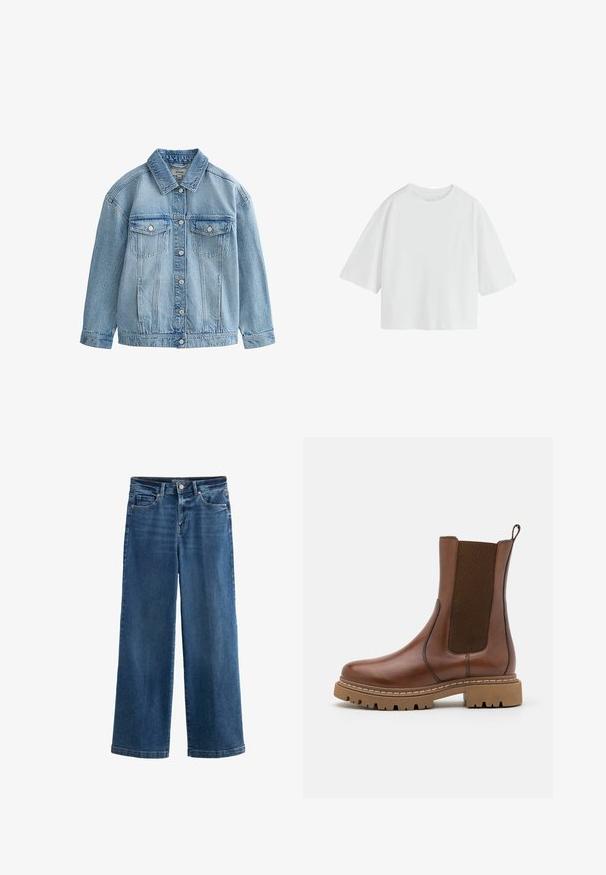 Chaqueta vaquera azul claro con cierre de botones, dos bolsillos en el pecho con solapa y botones, y un cuello clásico.; Camiseta blanca lisa de manga corta oversize con cuello redondo y ajuste holgado.; Jeans anchos de mezclilla azul, con cintura alta, cinco bolsillos, sutil desgastado, cierre de botón y costuras contrastadas.; Botín de cuero marrón con paneles elásticos y una lengüeta. Presenta una suela de goma gruesa y detalles de costura visibles a lo largo de los bordes.