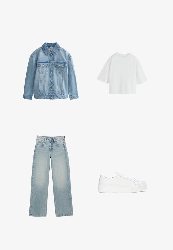 Lyseblå denimjakke med knaplukning, to brystlommer med klap og knapper samt en klassisk krave.; Simpel hvid oversized T-shirt med korte ærmer, rund hals og løs pasform.; Lysblå denim bredbukser med høj talje, der har fem lommer, knaplukning og subtile falmninger for en slidt effekt.; Hvide lædersneakers med en glat overflade, rund tå og flad sål. Har snørebåndslukning og diskrete syninger.