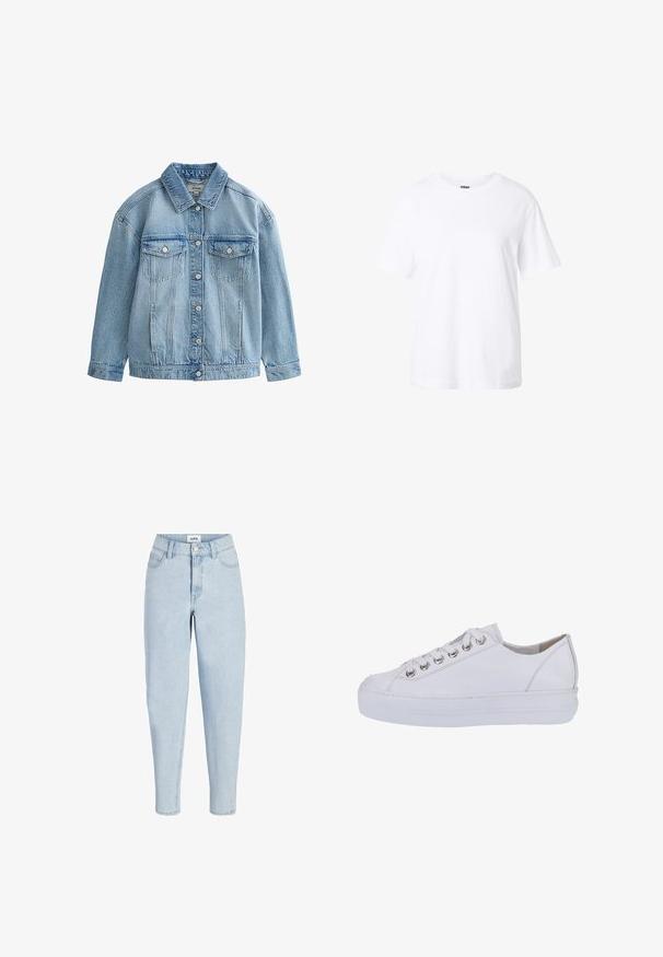 Chaqueta vaquera azul claro con cierre de botones, dos bolsillos en el pecho con solapa y botones, y un cuello clásico.; Camiseta blanca lisa de manga corta con cuello redondo, ajuste holgado y una pequeña etiqueta en el interior del cuello.; Vaqueros de tiro alto en azul claro con botón y cremallera frontal, estilo de cinco bolsillos y piernas entalladas.; Zapatillas de cuero blanco con una textura suave, punta redonda y suela blanca elevada. Presentan ojales plateados y cordones planos.