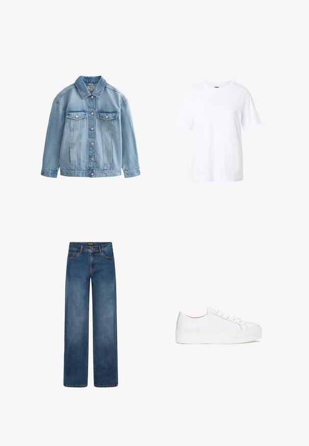 Chaqueta vaquera azul claro con cierre de botones, dos bolsillos en el pecho con solapa y botones, y un cuello clásico.; Camiseta blanca lisa de manga corta con cuello redondo, ajuste holgado y una pequeña etiqueta en el interior del cuello.; Vaqueros de pierna ancha en lavado azul medio. Cuentan con cinco bolsillos, cierre de botón y cremallera, y costuras doblemente reforzadas. Tejido duradero.; Zapatilla blanca de cuero con superficie lisa, punta redonda y suela plana. Presenta cierre con cordones y detalles de costura sutiles.