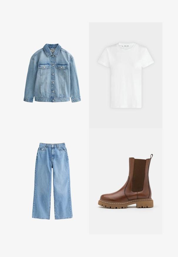 Chaqueta vaquera azul claro con cierre de botones, dos bolsillos en el pecho con solapa y botones, y un cuello clásico.; Camiseta blanca lisa de manga corta y cuello redondo, colocada plana sobre un fondo gris claro, mostrando la parte delantera con etiqueta dentro del escote.; Vaqueros de pernera ancha en azul claro, hechos de denim y con una cintura alta, que presentan un cierre de botón en la parte delantera y dos bolsillos frontales. Estilo clásico.; Botín de cuero marrón con paneles elásticos y una lengüeta. Presenta una suela de goma gruesa y detalles de costura visibles a lo largo de los bordes.
