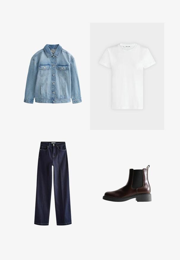 Lyseblå denimjakke med knaplukning, to brystlommer med klap og knapper samt en klassisk krave.; En simpel hvid T-shirt med korte ærmer og rund hals lagt fladt på en lys grå baggrund, hvor forsiden med label inde i halsen vises.; Next Jeans Straight Leg - rinse blue; Brune læder ankelstøvle med elastiske sidepaneler, rund tå og en struktureret sort gummisål. Har kontrasterende syninger og en trækflap.