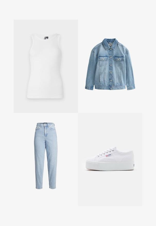 Hellblaue Jeansjacke mit Knopfverschluss, zwei Brustklappen mit Knöpfen und klassischem Kragen.; Weißes, geripptes Tanktop mit rundem Ausschnitt und ärmellosem Design, gefertigt aus einem weichen Baumwollmix mit taillierter Silhouette.; Hellblaue Denim-Jeans mit hohem Bund, vorne mit Knopf- und Reißverschluss, Gürtelschlaufen und zulaufenden Beinen.; Weiße Leinenschuhe mit einer dicken weißen Plattformsohle, runder Zehenpartie und Metallösen für die Schnürsenkel. Markenlogo an der Seite angebracht.