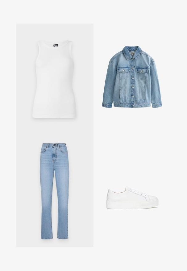 Hellblaue Jeansjacke mit Knopfverschluss, zwei Brustklappen mit Knöpfen und klassischem Kragen.; Weißes, geripptes Tanktop mit rundem Ausschnitt und ärmellosem Design, gefertigt aus einem weichen Baumwollmix mit taillierter Silhouette.; Hellblaue Denim-Jeans mit geradem Bein, hoher Taille und klassischem Fünf-Taschen-Design. Mit glatter Textur und subtiler Ausbleichung.; Weiße Leder-sneaker mit glatter Oberfläche, runder Zehenform und flacher Sohle. Verfügt über eine Schnürung und dezente Nähdetails.