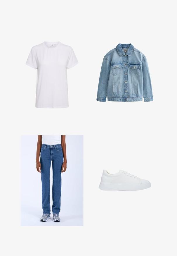 Hellblaue Jeansjacke mit Knopfverschluss, zwei Brustklappen mit Knöpfen und klassischem Kragen.; Kurzärmliges weißes T-Shirt aus weicher Baumwolle. Verfügt über einen runden Halsausschnitt und ein schlichtes, nahtloses Design ohne Verzierung oder Muster.; Person, die blaue Jeans mit geradem Bein, ein weißes ärmelloses Oberteil und silberne Turnschuhe trägt, steht vor einem weißen Hintergrund.; Weiße Leder-Sneaker mit runder Zehenpartie, flachen Schnürsenkeln und einer dicken Gummisohle. Glatte Oberfläche mit minimalen Nähdetails.
