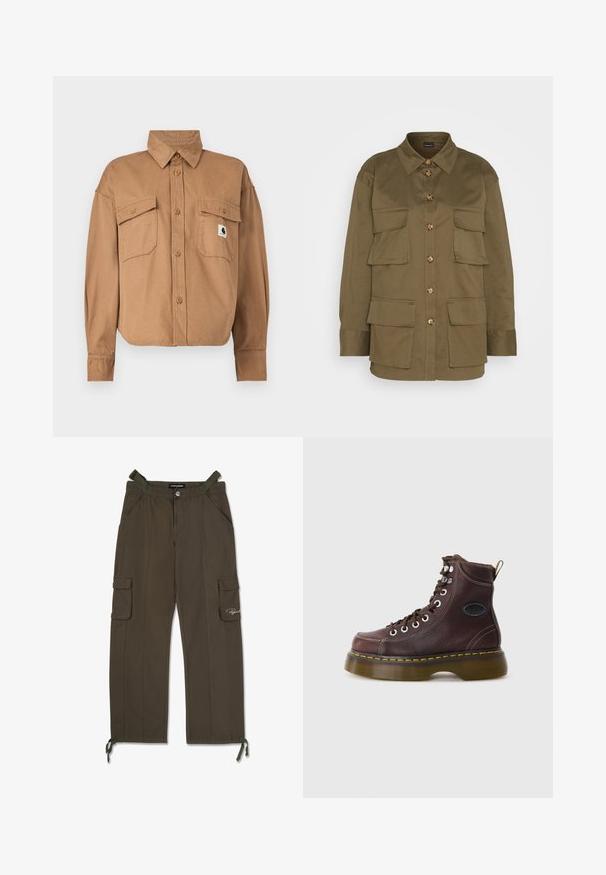 Braunes Baumwollhemd zum Knöpfen mit Kragen. Hat zwei Brusttaschen und ein kleines Logo-Patch. Lange Ärmel mit geknöpften Manschetten.; Gina Tricot CARGO SHIRT - Hemdbluse - khaki green; Olivengrüne Cargo-Hosen aus leichtem Material, ausgestattet mit zwei Seitentaschen, zwei Cargo-Taschen und verstellbaren Zugbändern an den Knöcheln.; Braune Leder-Ankle-Boots mit strukturierten Oberflächen, silbernen Ösen und gelben Nähten. Verfügt über eine robuste, transparente Sohle und eine Zuglasche.