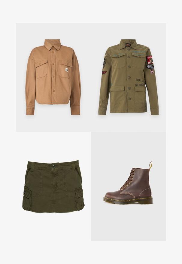 Brun, bomuld, skjorte med knapper og krave. Har to brystlommer og et lille logo-patch. Lange ærmer med knapmanchetter.; Olivengrøn militærinspireret jakke med knapper foran, bryst- og nederste lommer samt flere broderede mærker og tekst på ærmer og bryst.; Olivengrøn cargoskørt lavet af bomuldsblanding, med sidelommer, synlige sømme og knappelukning i taljen.; Brune lædersnøreboots med gule syninger, rund tå og en robust gummisål. Har en trækflap ved hælen for nem påføring.