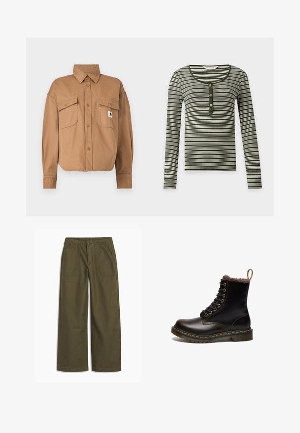 Chemise marron en coton à boutons avec un col. Comprend deux poches poitrine et un petit écusson logo. Manches longues avec poignets boutonnés.; Chemise côtelée à manches longues avec des rayures horizontales vert foncé et blanc, col rond et trois boutons décoratifs sur la patte de boutonnage avant.; Pantalons larges vert olive avec poches avant à soufflet, fermeture par bouton et passants de ceinture, présentés à plat sur un fond blanc.; Bottines en cuir noir avec doublure en fourrure, bout arrondi, laçage à l'avant, œillets dorés et couture jaune le long de la semelle et du bord.