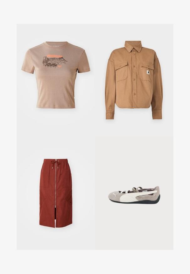 Bruine katoenen overhemd met knopen en een kraag. Voorzien van twee borstzakken en een klein logo. Lange mouwen met knoopmanchetten.; Bruine katoenen T-shirt, korte mouwen, ronde hals. De voorkant heeft een "PARADISE" grafiek in oranje met een landschap en palmbomen ontwerp.; Mid-length rok in terracotta rood, met een rits aan de voorkant, een elastische tailleband met trekkoord en zijzakken met een geometrisch ontwerp.; Lichtbruine suède ballerina met wit Puma-logo, witte zijstreep, elastische bandjes en een zwarte rubberen zool.