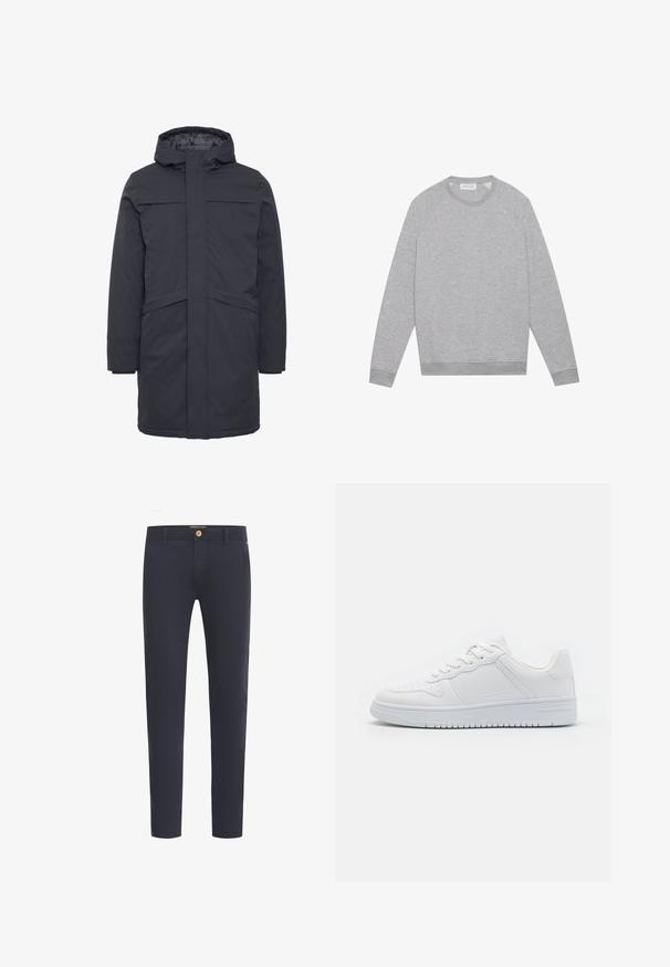 Mørkegrå hætteparka jakke med frontlynlås og trykknaplukning. Har to frontlommer og en enkel, glat overflade.; Lys grå langærmet crewneck sweatshirt med ribbede manchetter og kant, vist fladt på en ensfarvet baggrund.; Marineblå bukser lavet af glat stof, med almindelig pasform, fem-lomme design og foran knaplukning.; Hvide sneakers lavet af glat syntetisk materiale, med flade snørebånd, perforeret tå og en gummisål med et tekstureret grebmønster.