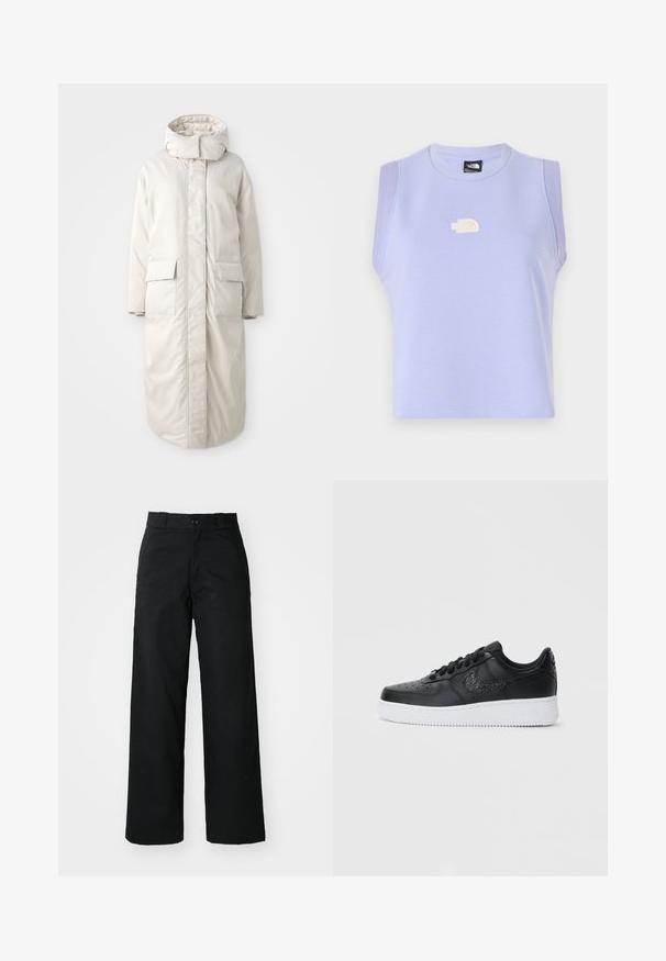 Lang, oversized cremefarvet frakke med høj krave og hætte, der har to forlommer og en lige silhuet, glat stoftekstur.; Lilla ærmeløs crop top lavet af blødt materiale, med en rund halsudskæring og et lille broderet logo på fronten.; Sorte vide bukser med flad front, knaplukning og bæltestropper. Fremstillet af holdbart stof med en glat tekstur.; Sort lædersneaker med perforeret tåboks, hvid gummisål og tekstureret Nike-logo. Har runde snørebånd og polstret krave.