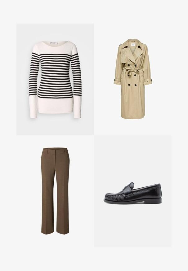Beige Trenchcoat mit doppelt geknöpftem Design, großem Kragen und Gürtel. Verfügt über lange Ärmel mit verstellbaren Manschetten und seitlichen Taschen.; Langärmliges gestreiftes Oberteil mit schwarzen und weißen horizontalen Streifen, Bootsausschnitt-Design und taillierter Silhouette. Material aus Baumwollmischung.; Braune maßgeschneiderte Hose mit geradem Bein, Gürtelschlaufen und Frontverschluss, vor weißem Hintergrund präsentiert.; Schwarze Leder-Loafer mit abgerundetem Zehenbereich, markanter Naht und einem dekorativen Riemen über dem Vorderblatt. Glatte Oberfläche und niedriger Absatz.
