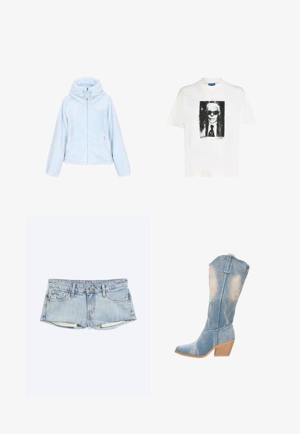 Lichtblauwe, zachte fleecejas met capuchon, volledige ritssluiting en zijzakken. Kenmerkt zich door een zachte textuur en een iets oversized ontwerp.; Wit T-shirt met korte mouwen met zwart-wit afbeelding van een man met zonnebril, pak, stropdas en wit overhemd.; Lichtblauwe denimshorts met rafelige zoom, knoopsluiting aan de voorkant, voor- en muntenzakken, plat gelegd op een witte achtergrond.; Leren cowboylaarzen in lichtblauw met een spitse neus, textuur op de bovenkant en decoratieve gouden stiksels. Licht gebogen houten hak.