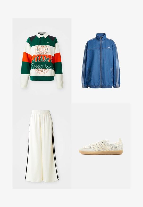 Denimjakke i blå med høj krave og fuld lynlås. Har hvide striber på ærmerne og et lille logo på brystlommen. Elastiske manchetter.; Grøn, hvid og orange stribet sweatshirt med krave. Har et University of Miami-logo og tekst samt et Adidas trefoil-emblem.; Hvide løse bukser med elastisk talje og sorte lodrette striber langs yderseams.; Hvid lavtop-sneaker med tekstureret vævet stof, beige læderstriber og gummisål, vist fra ydersiden mod en ensfarvet baggrund.