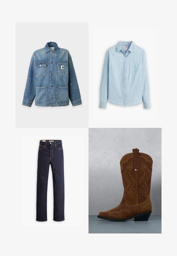 Blauwe spijkerjas met vier voorzakken, metalen knoopsluitingen, een kraag en kleine witte verfvlekken op de stof.; Lichtblauwe overhemdbloes gemaakt van zacht denimstof. Heeft een klassieke kraag en lange mouwen, met een klein logo op de borst.; Donkerblauwe straight-leg denim jeans met vijf zakken en zichtbare oranje stiksels op een witte achtergrond.; Bruine suède cowboylaars met decoratieve stiksels en een vlagembleem op de schacht, staande op een houten lattenvloer buiten.